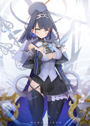  absurdres artist_name asymmetrical_clothes bare_shoulders black_hair black_thighhighs blade blue_bow blue_eyes blue_hair bow bow_earrings breasts chains clock clothing_cutout detached_sleeves earrings female hair_intakes hand_on_own_chest heart highres hololive hololive_english jewelry large_breasts long_sleeves looking_at_viewer namishiron ouro_kronii ouro_kronii_(1st_costume) pinstripe_pattern puffy_long_sleeves puffy_sleeves short_hair solo striped thighhighs turtleneck underboob_cutout veil virtual_youtuber zipper 