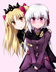  2girls alternate_costume armlet black_dress black_scarf blonde_hair blush breasts closed_mouth cosplay cowboy_shot dress earrings ereshkigal_(fate) ereshkigal_(fate)_(cosplay) ereshkigal_(third_ascension)_(fate) fate/grand_order fate_(series) fur-trimmed_sleeves fur_trim gold hair_between_eyes hair_ribbon hands_on_another&#039;s_shoulders jewelry kama_(fate) kouga_(hipporit) long_hair long_sleeves looking_at_viewer medium_breasts multiple_girls orange_eyes parted_bangs photoshop_(medium) pink_background pink_eyes pink_ribbon purple_dress ribbon scarf simple_background smile sweatdrop tiara two_side_up v_arms very_long_hair white_hair wide_sleeves yellow_eyes 