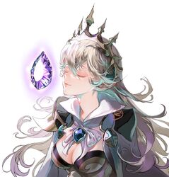  breasts cape cleavage closed_mouth collar commentary_request corrin_(female)_(fire_emblem) corrin_(female)_(silent_bloodline)_(fire_emblem) corrin_(fire_emblem) crown dragonstone female fire_emblem fire_emblem_fates fire_emblem_heroes grey_hair lips long_hair medium_breasts official_alternate_costume pointy_ears solo suzuki_rika upper_body white_background white_cape 