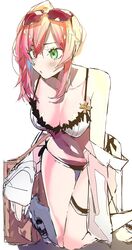  absurdres bad_id bad_twitter_id bag bikini blush breasts cleavage e_sky_rugo eyewear_on_head female girls&#039;_frontline green_eyes hair_between_eyes highres kneeling medium_breasts navel official_alternate_costume parted_lips pink_hair r93_(girls&#039;_frontline) r93_(holiday_lucky_star)_(girls&#039;_frontline) red-tinted_eyewear simple_background solo sunglasses swimsuit tinted_eyewear white_background white_bikini 