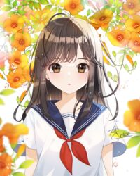  amick_(americanomix) brown_eyes brown_hair commentary_request facing_viewer female flower light_blush long_hair neckerchief orange_flower original red_neckerchief school_uniform serafuku short_sleeves solo trumpet_creeper upper_body 