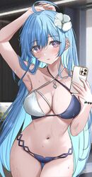  absurdres ahoge aqua_nails arm_up armpits azur_lane bikini blue_hair blush bracelet breasts cleavage collarbone commentary criss-cross_halter female flower hair_between_eyes hair_flower hair_ornament halterneck helena_(azur_lane) helena_(shimmering_triangle_wave)_(azur_lane) highres holding holding_phone jewelry long_hair looking_at_viewer medium_breasts multicolored_clothes multicolored_swimsuit navel official_alternate_costume open_mouth phone pink_eyes presenting_armpit sidelocks solo stomach sweatdrop swimsuit thighs vayneeeee wet_bikini white_flower wide_hips 