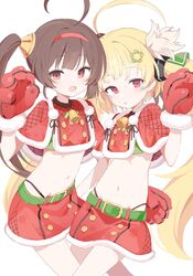  2girls :d absurdres adapted_costume ahoge alternate_costume animal_hands azur_lane bell belt bikini blonde_hair blush brown_hair buttons capelet commentary_request eldridge_(azur_lane) eldridge_(holy_night&#039;s_embrace)_(azur_lane) fur-trimmed_capelet fur-trimmed_gloves fur-trimmed_skirt fur_trim gloves green_belt hair_ornament hand_up highleg highleg_bikini highres jingle_bell long_hair looking_at_viewer midriff multiple_girls navel official_alternate_costume parted_lips paw_gloves pencil_skirt pentagram pentagram_hair_ornament ping_hai_(azur_lane) pom_pom_(clothes) red_capelet red_eyes red_gloves red_skirt simple_background skirt smile star_(symbol) star_hair_ornament swimsuit twintails urotsuki_(2013.04) white_background 