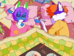  affax anthro bed bed_sheet bedding birthday blush blush_lines cake canid canine canis closed_eyes clothing colorful_theme countershade_face countershade_torso countershading dessert digital_drawing_(artwork) digital_media_(artwork) domestic_dog duo eyewear femboy fenrir_brown food fox fur furniture glasses hair hat headgear headwear icarus_skyhawk lying male male/male mammal multicolored_body multicolored_fur on_back on_bed on_side open_mouth orange_body orange_fur party_hat pawpads paws pillow purple_hair shirt sleeping sparklefur topwear under_covers 