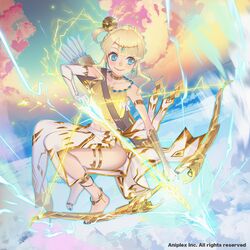  anklet armlet arrow_(projectile) barefoot blonde_hair blue_eyes blue_nails bow_(weapon) bracer build_divide cloud commentary_request diadem drawing_bow earrings electricity female floating full_body holding holding_bow_(weapon) holding_weapon hoop_earrings jewelry nail_polish neck_ring side_slit sidelocks smile solo takami_masahiro thighlet toenail_polish toenails toes watermark weapon 