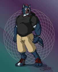  absurd_res anthro backpack blue_body blue_fur bottomwear canid canine canis clock clothing detailed_background explorer footwear fullbodywolf fur hair hi_res hiker male mammal markings muscular muscular_anthro muscular_male orange_hair pose shirt shoes shorts solo standing topwear watch wolf ypsilon 