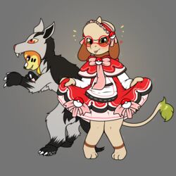  1:1 blush buizel clothed clothing clothing_lift cosplay dress dress_lift duo eyewear fairy_tales female feral generation_2_pokemon generation_4_pokemon glasses hi_res kai_(mr.smile) little_red_riding_hood little_red_riding_hood_(copyright) male mimi_(mr.smile) mr.smile nintendo pokemon pokemon_(species) smeargle 