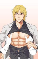  1boy abs absurdres alternate_costume anger_vein bad_id bad_twitter_id bara black_shirt blonde_hair disembodied_hand forked_eyebrows formal frown grabbing grey_jacket grey_suit highres jacket ken_masters looking_at_viewer male_focus muscular muscular_male nipples open_clothes open_jacket open_shirt pectoral_grab pectoral_press pectorals pov shirt short_hair solo_focus stomach street_fighter suit sweatdrop thick_eyebrows underpec upper_body yuiofire 