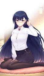  7t :o absurdres bespectacled chinese_commentary commentary_request cushion earrings female floor full_body glasses hair_between_eyes highres honkai_(series) honkai_impact_3rd indoors jewelry long_hair long_sleeves looking_at_viewer open_mouth pantyhose purple_eyes purple_hair purple_skirt raiden_mei school_uniform shirt sitting skirt solo wariza white_shirt 