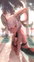  animal_ears aoi_tooru arknights arm_support backlighting bare_shoulders bathing black_one-piece_swimsuit breasts carnelian_(arknights) carnelian_(shimmering_dew)_(arknights) casual_one-piece_swimsuit cleavage closed_mouth dark-skinned_female dark_skin day female goat_ears goat_girl goat_horns grey_hair hand_on_own_cheek hand_on_own_face highres horns jewelry leaning_forward looking_at_viewer medium_breasts necklace official_alternate_costume one-piece_swimsuit partially_submerged petals red_eyes short_hair smile solo sunlight swimsuit water 