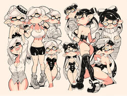  +_+ 2girls arm_up bare_legs black_footwear black_gloves black_hair black_legwear black_leotard black_shorts blush breasts callie_(splatoon) collared_shirt crop_top detached_collar drawstring fingerless_gloves gloves grey_hair grey_hoodie highleg highleg_leotard hood hoodie inkling leotard marie_(splatoon) medium_breasts midriff multiple_girls multiple_views partially_unbuttoned ribbed_sweater shirt shorts sleeves_past_fingers sleeves_past_wrists splatoon_(series) sports_bra stretching sweater thighhighs thong thong_leotard white_shirt white_sports_bra white_sweater yellow_eyes yuta_agc 