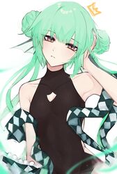  absurdres bad_id bad_twitter_id black_leotard blush breasts cleavage cleavage_cutout clothing_cutout collarbone daiishori double_bun female finana_ryugu finana_ryugu_(2nd_costume) fins fish_girl frown green_hair green_ribbons hair_bun hand_on_own_head head_fins head_tilt highres leotard leotard_under_clothes looking_at_viewer nijisanji nijisanji_en official_alternate_costume purple_eyes ribbon small_breasts solo twintails virtual_youtuber white_background 