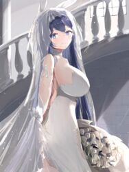  animal_ears azur_lane backless_dress backless_outfit bouquet breasts bridal_veil dress fake_animal_ears female flower from_side highres holding holding_bouquet huge_breasts long_hair looking_at_viewer looking_to_the_side natsuki_(natsu_1936) new_jersey_(azur_lane) new_jersey_(snow-white_ceremony)_(azur_lane) official_alternate_costume purple_eyes purple_hair rabbit_ears rose solo stairs stone_stairs veil very_long_hair wedding_dress white_dress white_flower white_rose 