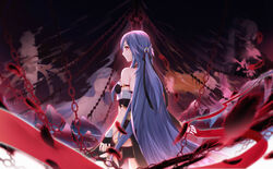  7t absurdres armpit_crease asymmetrical_gloves back bare_shoulders black_gloves braid chains chinese_clothes feathers female fingerless_gloves fu_hua fu_hua_(herrscher_of_sentience) gloves grey_hair grin hair_between_eyes hair_ornament highres honkai_(series) honkai_impact_3rd long_hair looking_at_viewer looking_back mismatched_gloves open_mouth red_eyes smile solo teeth very_long_hair white_gloves 