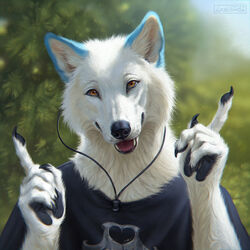  1:1 2022 5_fingers ambiguous_gender anthro arm_tuft biped black_claws black_nose black_pawpads blue_body blue_ears blue_fur blurred_background canid canine canis cheek_tuft claws clothed clothing day detailed detailed_background detailed_fur digital_media_(artwork) digital_painting_(artwork) earbuds electronics eyebrows eyelashes facial_tuft fangs finger_claws fingerpads fingers fluffy fur gesture grass hand_gesture headphones hi_res humanoid_hands inner_ear_fluff light lighting listening_to_music looking_at_viewer lostgoose mammal neck_tuft open_mouth open_smile outside pawpads plant pointing pointing_up realistic realistic_anatomy realistic_anthro realistic_fur realistic_lighting shaded shirt signature skoll_(wolf-skoll) sky smile smiling_at_viewer solo sunlight t-shirt teeth text tongue topwear tree tuft whiskers white_body white_fur wolf yellow_eyes 