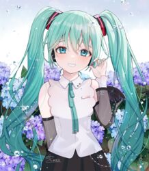  amick_(americanomix) aqua_eyes aqua_hair black_skirt commentary detached_sleeves female flower grin hand_up hatsune_miku hatsune_miku_(nt) hydrangea light_blush long_hair looking_at_viewer piapro skirt smile solo symbol-only_commentary twintails upper_body vocaloid 