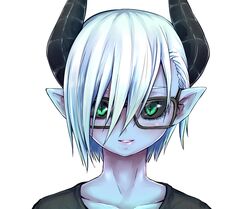  black_horns black_sclera black_shirt blue_skin colored_sclera colored_skin demon_girl demon_horns female glasses green_eyes highres horns light_smile musuko_ga_kawaikute_shikatanai_mazoku_no_hahaoya parted_lips shirt short_hair smile teresa_(mazohaha) white_hair zyugoya 