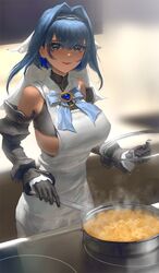  blue_eyes blue_hair blue_ribbon blurry blurry_background breasts chains commentary_request cooking covered_nipples detached_sleeves dress female food frying_pan gloves hair_intakes hololive hololive_english infi kitchen large_breasts looking_at_viewer medium_hair ouro_kronii pasta ribbon sideboob smile solo steam stove underboob virtual_youtuber white_dress 