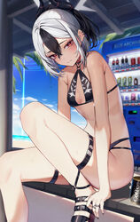  bikini black_bikini black_choker black_hair blue_archive blush breasts choker closed_mouth demon_horns e_buki ear_piercing female hair_between_eyes halo highres horns kayoko_(blue_archive) long_hair looking_at_viewer multicolored_hair piercing ponytail red_eyes small_breasts solo swimsuit teeth thigh_strap two-tone_hair white_hair 