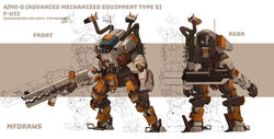  1other absurdres blue_eyes brayanong999 commission english_commentary gun highres holding holding_gun holding_weapon mecha missile_pod multiple_views no_humans one-eyed open_hand original reference_sheet robot science_fiction standing titan_(titanfall) titanfall_(series) vanguard_(titanfall_2) weapon 