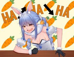  animal_ear_fluff animal_ears black_gloves blue_hair braid breasts carrot_hair_ornament catchphrase cleavage clenched_hand commentary dahadekan detached_sleeves don-chan_(usada_pekora) english_text female food-themed_hair_ornament fur-trimmed_gloves fur_trim gloves hair_ornament highres hololive laughing long_hair meme multicolored_hair open_mouth puffy_short_sleeves puffy_sleeves rabbit_ears round_teeth scarf short_sleeves sidelocks sitting small_breasts smile solo streaked_hair table tearing_up teeth thick_eyebrows twintails twitter_username two-tone_hair upper_teeth_only usada_pekora usada_pekora_(1st_costume) virtual_youtuber wheeze_comic_(meme) white_hair white_scarf 