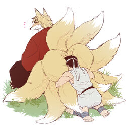  2boys aged_down animal_ears blonde_hair blush couple dougi extra_tails fluff fluffy forked_eyebrows fox_boy fox_ears fox_tail furrification furry furry_male furry_with_non-furry headband interspecies ken_masters male_focus multiple_boys ryu_(street_fighter) short_hair sitting street_fighter tail thick_eyebrows toned toned_male yaoi yuiofire 