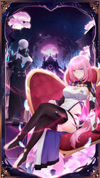  1boy 7t absurdres asymmetrical_sleeves back black_coat black_footwear black_gloves boots breasts cherry_blossoms cleavage coat couch crossed_legs elf elysia_(honkai_impact) elysia_(miss_pink_elf)_(honkai_impact) feathers female full_body gloves hair_between_eyes highres honkai_(series) honkai_impact_3rd kevin_kaslana long_hair long_sleeves looking_at_viewer looking_back mismatched_sleeves pink_hair pointy_ears short_hair single_glove sitting thigh_boots thighhighs tree white_hair 