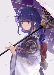  absurdres bad_id bad_twitter_id blunt_bangs braid eyelashes eyeshadow falling_petals female genshin_impact grey_background hair_ornament highres holding holding_umbrella japanese_clothes kimono long_hair long_sleeves looking_at_viewer low-braided_long_hair low-tied_long_hair makeup mitsudomoe_(shape) mole mole_under_eye mon-chan obi obiage obijime oil-paper_umbrella open_mouth petals purple_eyes purple_hair purple_kimono purple_nails raiden_shogun red_eyeshadow red_sash sash simple_background solo tomoe_(symbol) umbrella wide_sleeves 