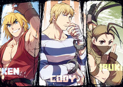  2boys armpits bandaged_hand bandages blonde_hair character_name cody_travers cuffs dougi female forked_eyebrows grin handcuffs ibuki_(street_fighter) ken_masters mask mouth_mask multiple_boys muscular muscular_male ninja ninja_mask pectoral_cleavage pectorals prison_clothes red_shirt shirt short_hair sideburns sidepec sleeveless sleeveless_shirt smile street_fighter thick_eyebrows upper_body yuiofire 