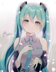  amick_(americanomix) aqua_eyes aqua_hair aqua_necktie bare_shoulders blush commentary detached_sleeves female hand_on_own_chest hands_up hatsune_miku long_hair looking_at_viewer nail_polish necktie outstretched_hand parted_lips solo teeth twintails upper_body vocaloid 