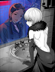  2girls ace_attorney_investigations ace_attorney_investigations:_miles_edgeworth arm_support artist_name back back_cutout backless_dress backless_outfit bathroom black_eyes black_hair broken_mirror callisto_yew china_dress chinese_clothes closed_mouth clothing_cutout commission different_reflection dress dual_persona elbow_gloves english_commentary freckles fur_collar gloves green_jacket gyakuten_saiban highres indoors jacket long_hair looking_at_another looking_at_mirror maro_(mrmrbim) mirror multiple_girls necktie partially_colored reflection shih-na short_hair side_slit sink smile spoilers standing tile_wall tiles wet white_necktie 