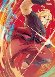  1boy bad_id bad_twitter_id bara barefoot black_shirt blonde_hair clothes_down covered_abs dougi fingerless_gloves forked_eyebrows gloves grin happy_birthday highres incoming_attack jumping ken_masters kicking large_pectorals looking_at_viewer male_focus mature_male medium_hair muscular muscular_male pants pectorals red_pants shirt smile solo street_fighter taut_clothes taut_shirt thick_eyebrows yuiofire 