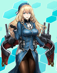  ascot atago_(kancolle) beret black_gloves black_pantyhose blonde_hair blue_background blue_headwear blue_jacket blush breasts burunuu_(bullnukko) cannon cowboy_shot female gloves green_eyes hair_between_eyes hat jacket kantai_collection large_breasts lips long_hair long_sleeves machinery military military_uniform pantyhose rigging skirt smile smokestack thighs turret uniform 