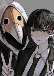  1boy black_eyes black_hair blush chainsaw_man collared_shirt female formal grey_background hair_ornament hairclip higashiyama_kobeni highres hood hood_up hoodie inuo_(inuo_x) long_sleeves looking_at_viewer mask mole mole_under_eye mole_under_mouth necktie nervous shirt short_hair short_ponytail simple_background suit sweat v violence_fiend_(chainsaw_man) white_shirt 