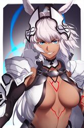  animal_ears armor blue_eyes body_markings border breasts caenis_(fate) dark-skinned_female dark_skin fate/grand_order fate_(series) faulds female gradient_background grey_hair hair_intakes headpiece highres large_breasts long_hair looking_at_viewer mku pauldrons shoulder_armor smile solo tattoo white_border 