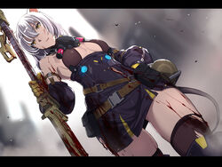  animal_ears arknights blood blood_splatter breasts brown_thighhighs cleavage commentary dutch_angle female highres holding holding_sword holding_weapon letterboxed mouse_ears mouse_tail nagioka scavenger_(arknights) sideboob small_breasts solo sword tail thighhighs weapon white_background white_hair yellow_eyes 