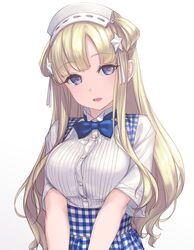  apron blonde_hair blue_apron blue_eyes breasts buttons collared_shirt employee_uniform female fletcher_(kancolle) gradient_background hair_bun highres kantai_collection kobeya kobeya_uniform large_breasts long_hair open_mouth rokuwata_tomoe shirt short_sleeves single_side_bun smile solo uniform upper_body white_background white_shirt 