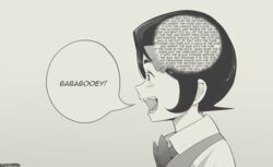  :d bababooey black_hair bomb bow bowtie english_text explosive female gradient_background hairbow highres holly_(tyrone) monochrome original pipe_bomb portrait profile short_hair smile solo speech_bubble tooth_gap twitter_username tyrone wall_of_text 