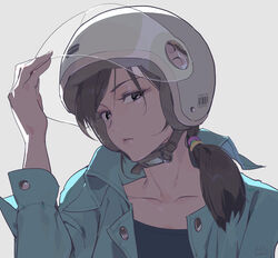  black_eyes black_shirt brown_hair commentary_request female green_jacket hair_over_shoulder helmet highres jacket looking_at_viewer original photoshop_(medium) ponytail shirt simple_background solo swept_bangs tennohi upper_body white_background 