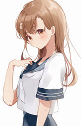  :&lt; a_certain_high_school_uniform aged_up alternate_uniform blue_skirt blush breasts brown_eyes brown_hair closed_mouth commentary eyebrows female flower from_side hair_flower hair_ornament hairclip hand_on_own_chest head_tilt highres himaneko. long_hair looking_at_viewer loose_hair_strand misaka_mikoto outstretched_arms sailor_collar school_uniform serafuku shirt short_sleeves simple_background skirt small_breasts solo summer_uniform toaru_kagaku_no_railgun toaru_majutsu_no_index upper_body white_background white_flower white_shirt 