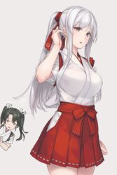  ...? 2girls alternate_hairstyle breasts brown_eyes cowboy_shot green_hair grey_background hair_ribbon hakama hakama_short_skirt hakama_skirt highres japanese_clothes kantai_collection large_breasts long_hair multiple_girls open_mouth parted_lips ponytail red_hakama ribbon rokuwata_tomoe shoukaku_(kancolle) shoukaku_kai_ni_(kancolle) simple_background skirt tasuki twintails white_hair white_ribbon zuikaku_(kancolle) zuikaku_kai_ni_(kancolle) 