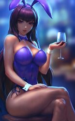  alcohol animal_ears blurry bow bowtie breasts commentary_request covered_navel crossed_legs cup cupping_glass depth_of_field detached_collar drinking_glass fake_animal_ears fate/grand_order fate_(series) female fishnet_pantyhose fishnets infi large_breasts leotard lips official_alternate_costume pantyhose playboy_bunny purple_eyes purple_hair rabbit_ears scathach_(fate) scathach_(piercing_bunny)_(fate) side-tie_leotard sitting solo wine wine_glass wrist_cuffs 