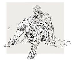  1boy armor boots cape d_hunter_of_the_dead elden_ring full_armor gauntlets greyscale helmet highres male_focus monochrome shinnasuka025 sitting solo 