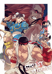  2girls 3boys abs akuma_(street_fighter) animal bare_shoulders beard black_hair black_sclera blonde_hair blue_dress border boxing_gloves bracelet breasts brown_eyes brown_hair brown_legwear bun_cover charlie_nash china_dress chinese_clothes chun-li colored_sclera copyright_name dog_tags don_(street_fighter) double_bun dougi dress facial_hair fighting_stance fingerless_gloves foreshortening forked_eyebrows frown glasses gloves hair_bun headband holding ibuki_(street_fighter) jewelry large_pectorals long_hair male_focus mask mature_male mouth_mask multiple_boys multiple_girls muscular muscular_male ninja ninja_mask outside_border pants pantyhose pectoral_cleavage pectorals puffy_short_sleeves puffy_sleeves red_gloves red_hair red_headband ryu_(street_fighter) sash school_uniform shirt short_hair short_sleeves sideburns sidepec sleeveless sleeveless_shirt spiked_bracelet spikes street_fighter street_fighter_v tanuki teeth thick_eyebrows thighs torn_clothes torn_shirt white_border white_pants white_sash yuiofire 