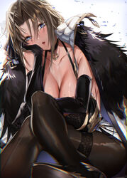  azur_lane black_bra black_choker black_gloves blue_eyes blush bra breasts brown_hair brown_pantyhose choker cleavage crossed_legs eichi_(yashokuya) elbow_gloves female fur-trimmed_jacket fur_trim gloves hair_between_eyes hand_on_own_cheek hand_on_own_face highres huge_breasts jacket jacket_on_shoulders kronshtadt_(azur_lane) looking_at_viewer mole mole_on_breast pantyhose parted_lips shoes short_hair sitting solo underwear white_background 