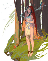  bare_legs barefoot black_hair blue_eyes bracelet breasts chinese_commentary cloak commentary_request dark-skinned_female dark_skin dress drink female full_body hair_over_shoulder highres itoucon jewelry long_hair medium_breasts original parted_lips pelvic_curtain solo standing steam tree 