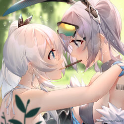  2girls animal_ears barcode barcode_tattoo bare_shoulders blue_eyes blush_stickers bronya_zaychik bronya_zaychik_(haxxor_bunny) closed_mouth eyewear_on_head fake_animal_ears food food_in_mouth ginklaga grey_eyes grey_hair hair_between_eyes hand_on_another&#039;s_shoulder honkai_(series) honkai_impact_3rd looking_at_another multiple_girls outdoors pocky pocky_kiss rabbit_ears smile sunglasses tattoo theresa_apocalypse theresa_apocalypse_(twilight_paladin) white_hair yuri 