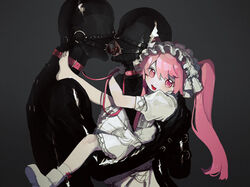  1boy 2girls animal_collar barefoot black_background blush bodysuit collar dress femdom french_kiss frilled_skirt frills gimp_mask gimp_suit highres kissing latex latex_bodysuit long_hair looking_at_viewer mask momo_alpha-chan_(numata_zombie) multiple_girls numata_zombie original pink_eyes pink_hair puffy_short_sleeves puffy_sleeves shoes short_sleeves single_shoe skin_tight skirt smile straight tongue twintails white_dress white_footwear white_skirt 