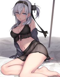  alternate_costume arm_support barefoot bikini black_bikini blue_eyes breasts cleavage clothes_writing collarbone female grey_hair hachimaki hair_between_eyes headband highres jacket kantai_collection long_hair looking_at_viewer medium_breasts navel off_shoulder one_side_up open_clothes open_jacket open_mouth rokuwata_tomoe see-through sidelocks sitting solo stomach suzutsuki_(kancolle) suzutsuki_(swimsuit_mode)_(kancolle) swimsuit thighs yokozuwari 