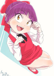  bow dress female gegege_no_kitarou hairbow looking_at_viewer mizu_kane nekomusume nekomusume_(gegege_no_kitarou_6) open_mouth pointy_ears purple_hair red_bow red_dress short_hair smile solo yellow_eyes 